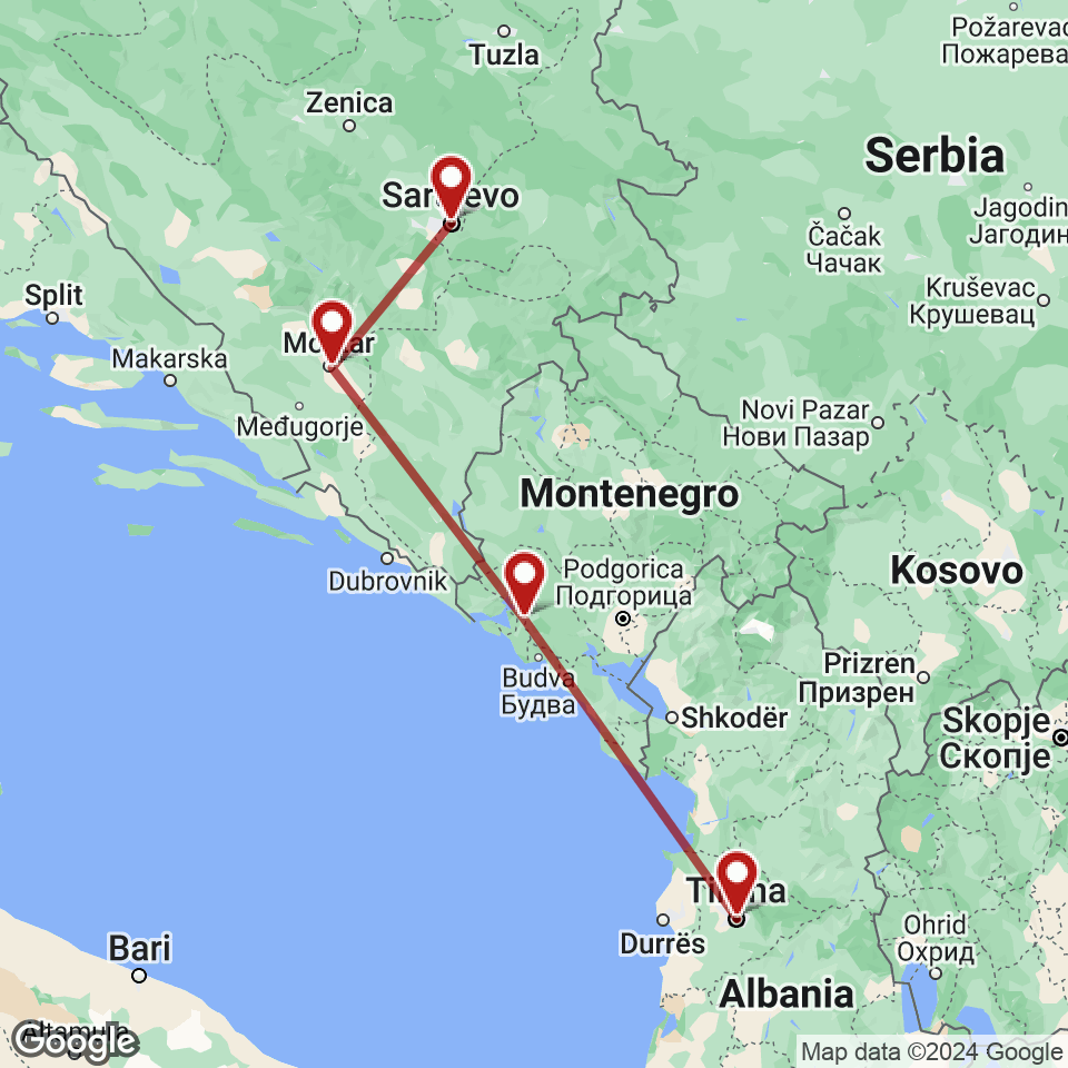 Route for Sarajevo, Mostar, Kotor, Tirana tour